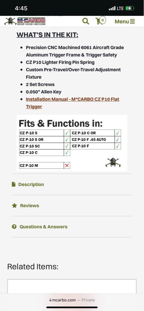 M*Carbo Competition Trigger for CZ P-10 P10 (Category: Combat Sports) located in Quezon City. Submitted by gonzylla (Listing ID 1256289408, Image 3). Description: M*Carbo Flat Trigger Omega Competition Series For CZ P10 F/SC/C/S (including F 45cal) .