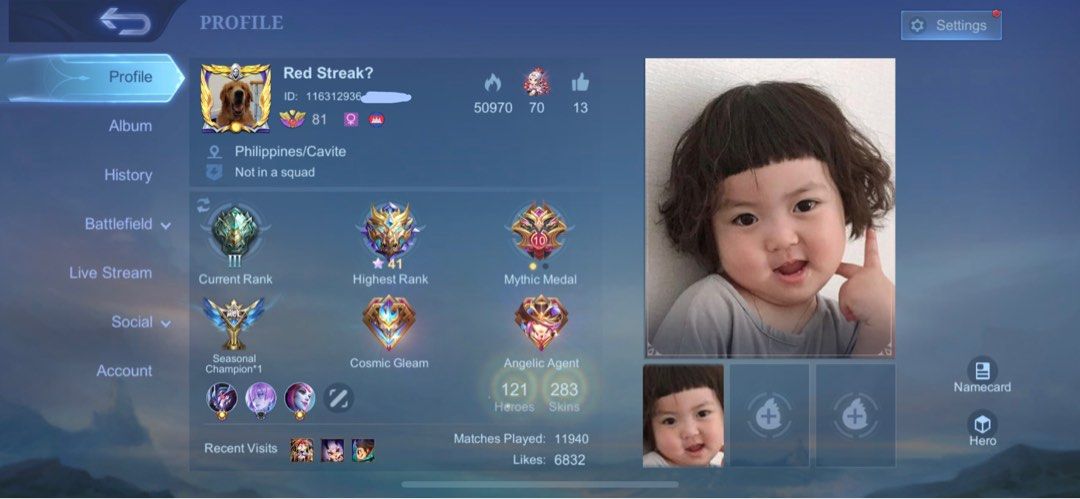 Mobile Legends / ML account for sale (Category: Others) located in Carmona. Submitted by cinnmoroll (Listing ID 1256300516, Image 1). Description: Selling my personal ML account of 6yrs - with 2 legend skins (gus, les) - 4 collector (angela, pharsa, lesley, gusion) - with epic and limited skins - complete Zodiac skins - limited recalls, etc. - mostly using mage and support - good amount of matches - max emb, heroes - rfs: not playing anymore, say