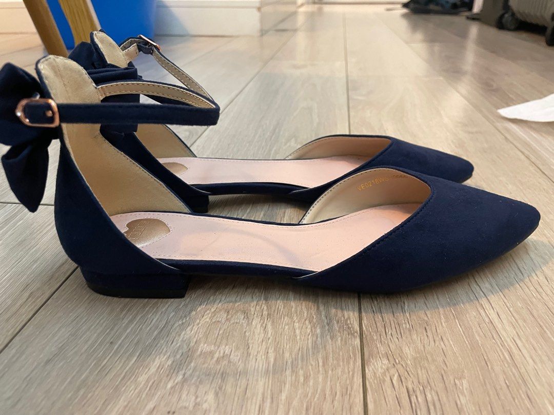 Navy Blue Velvet Ankle Strap Flats with Ribbons
