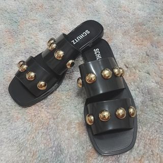 SCHUTZ Jelly Embellished Slippers Black & Gold Brand New Size US 6