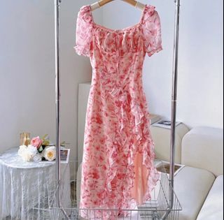 Sexy floral midi dress with frill / dress pink korea
