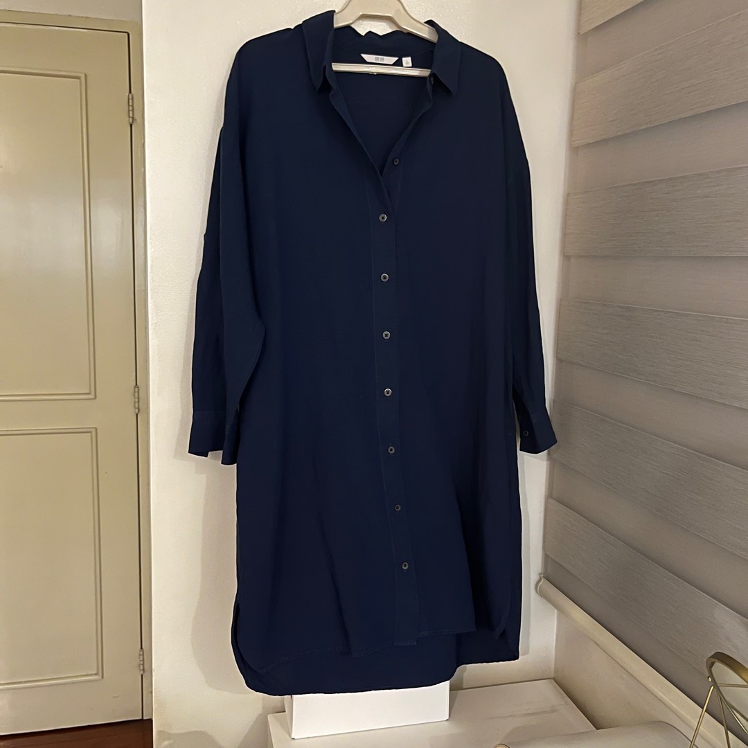 Uniqlo Linen Navy Blue Polo Dress, Women's Fashion, Dresses & Sets