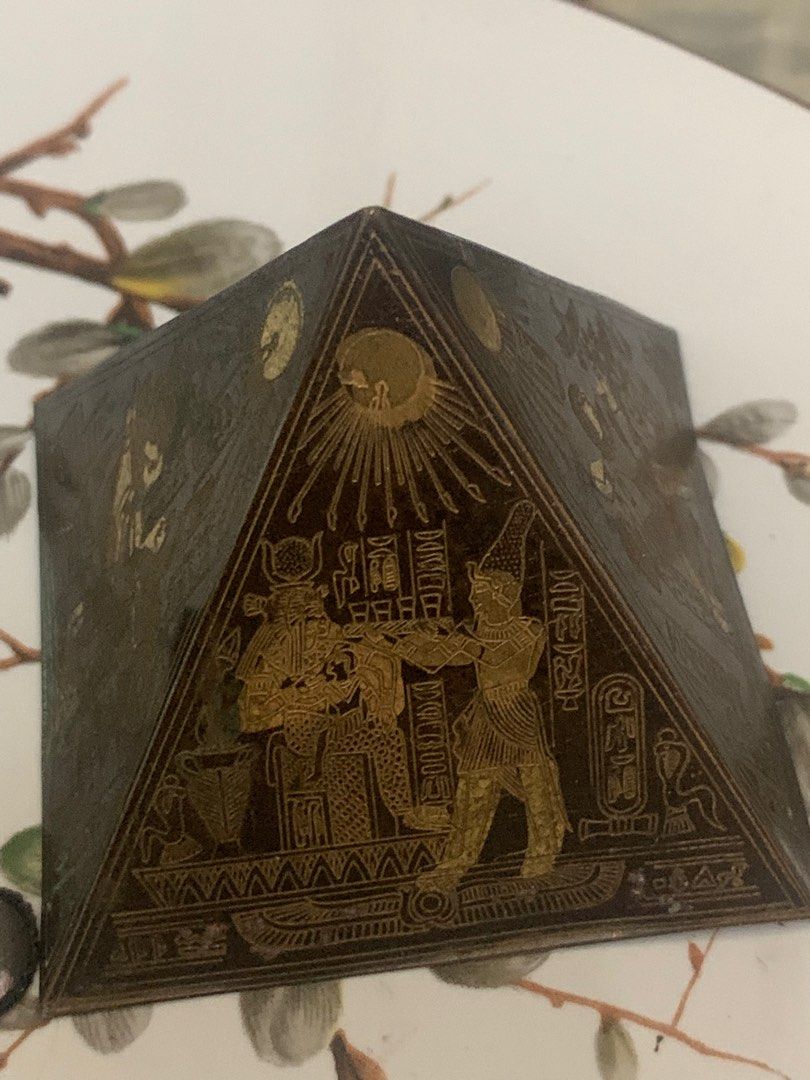 Egyptian Revival Etched Brass Pyramid Paperweight
