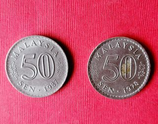 091大型馬來西亞各年代（50 SEN）錢幣（2枚合拍，保真，美品）。