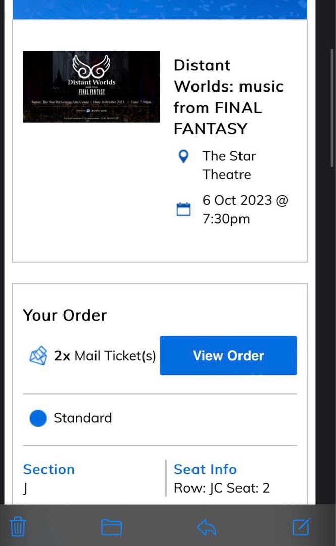 2 tickets to Distant Worlds Final Fantasy tickets Oct 6 Singapore