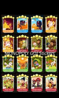 all 5 star 5star monopoly go card sticker
Oh My Gems
Desert dust
Silhouette night
Liquid Gold
Golden bounty 
Night binge
Shake it 
Classy gift
Make it rain
Superhot
Not a fan
Gotcha
Roger that
Lookin sharp
Danger ahead
Moment of truth Dessert dust