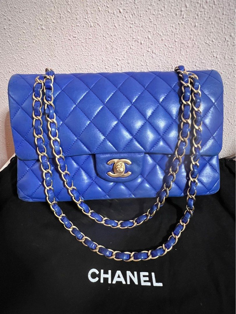 Chanel Medium Classic Double Flap Bag Blue Iridescent Lambskin Silver  Hardware