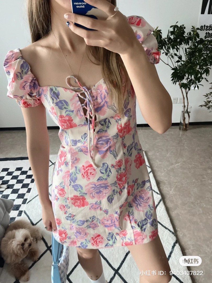 authentic zara pink floral short puff sleeve off shoulder sweetheart  neckline mini dress ulzzang y2k indie casual trendy soft girl cottagecore  korean