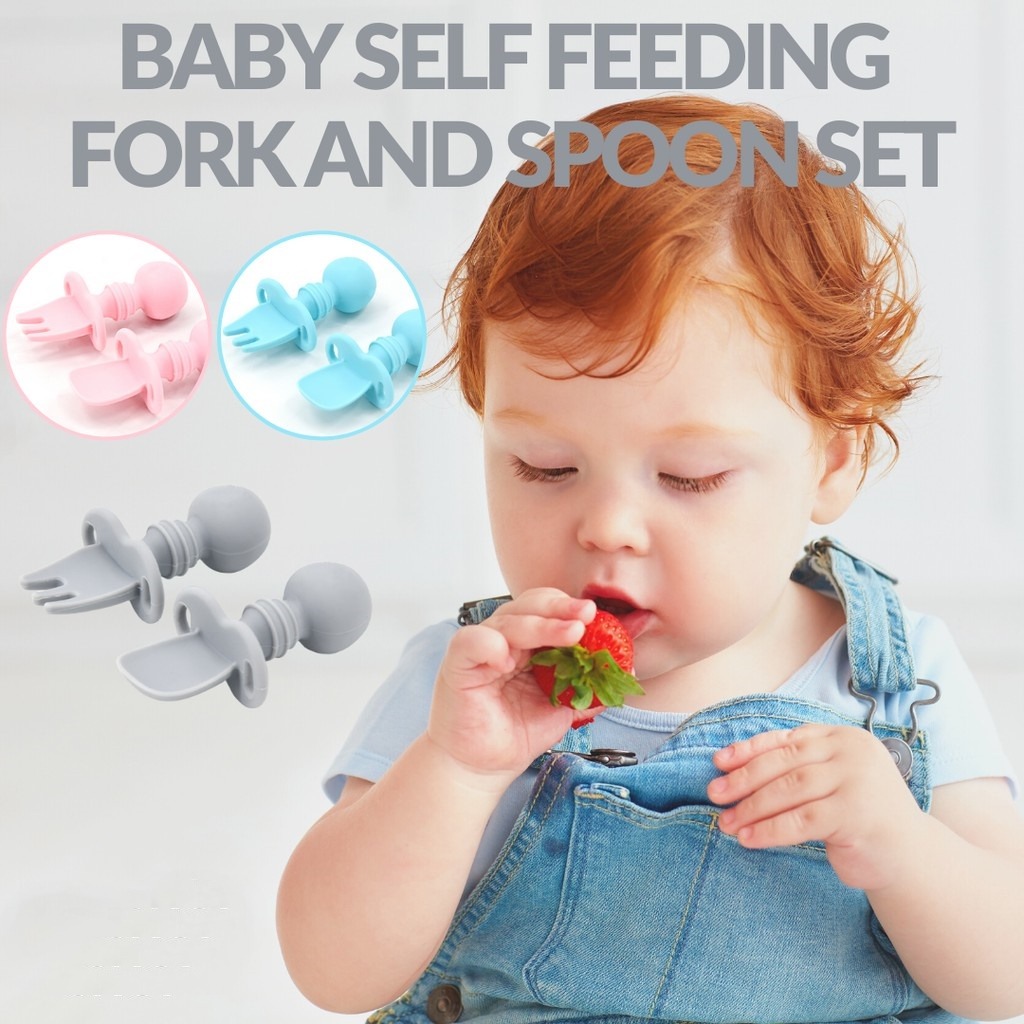 Baby Utensils Kids Spoon and Fork Set Silicone Toddler Self Feeding  Tableware Accessories BPA Free 2pcs/set