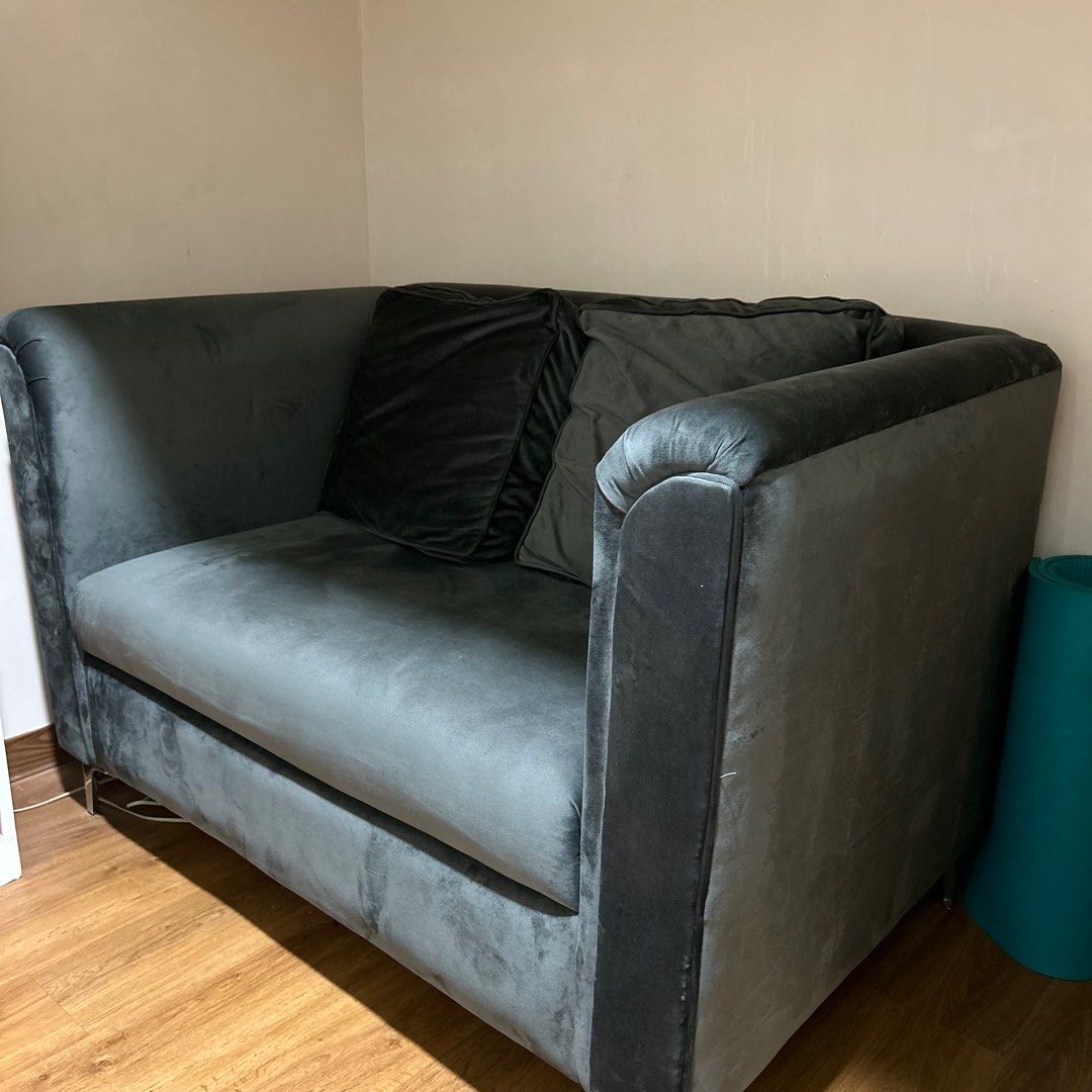 Black Suede Loveseat Sofa (Category: Sofas) located in Manila. Submitted by iceonmyneck (Listing ID 1256591135, Image 2). Description: ✨no flaws; in perfect condition ✨ size: length: 52 inches width: 32 inches height: 33 inches ✨inclusion: 2 pillows ✨rfs: replacing it with a smaller one ✨pm if interested .