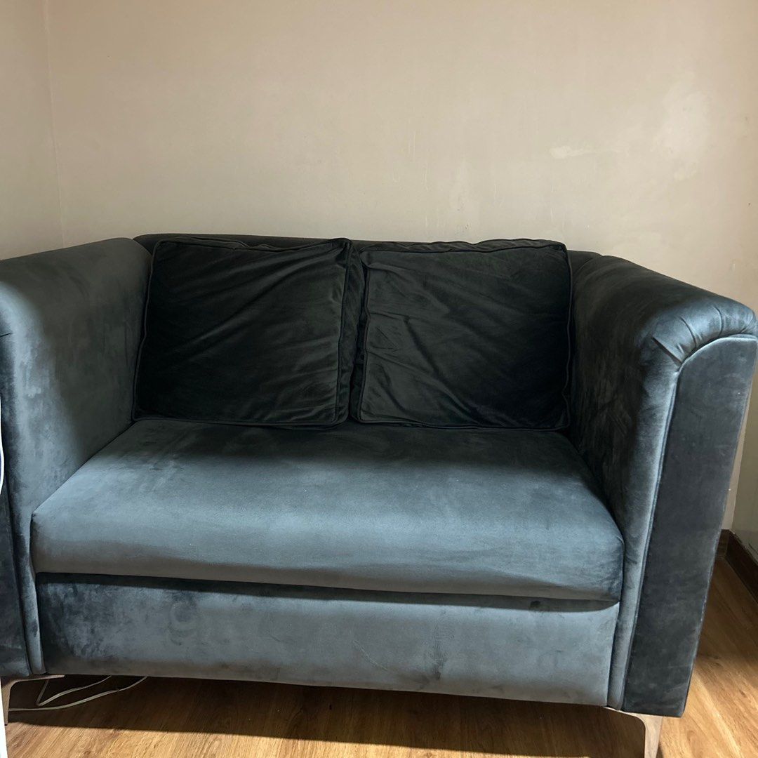 Black Suede Loveseat Sofa (Category: Sofas) located in Manila. Submitted by iceonmyneck (Listing ID 1256591135, Image 1). Description: ✨no flaws; in perfect condition ✨ size: length: 52 inches width: 32 inches height: 33 inches ✨inclusion: 2 pillows ✨rfs: replacing it with a smaller one ✨pm if interested .