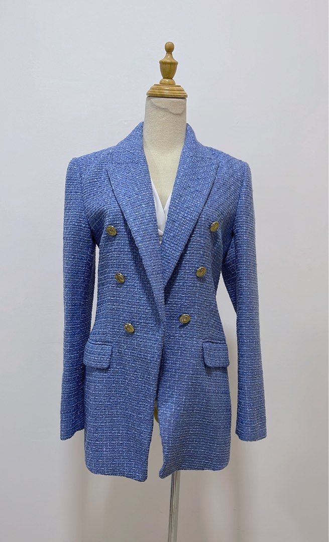 Zara tweed blue blazer deals
