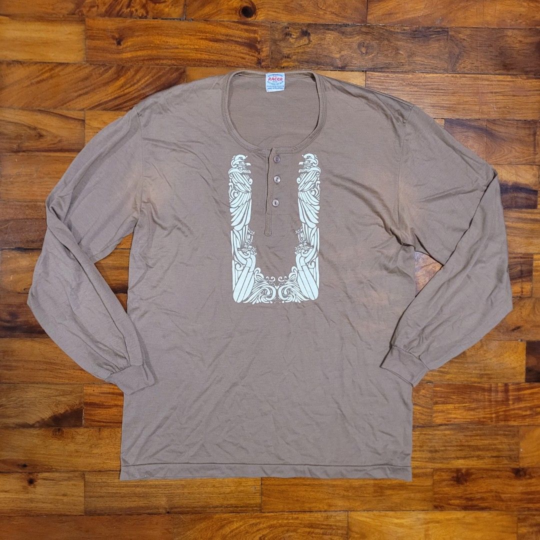 Brown Ethnic Print Long Sleeved Henley Shirt, Men's Fashion, Tops u0026 Sets,  Tshirts u0026 Polo Shirts on Carousell