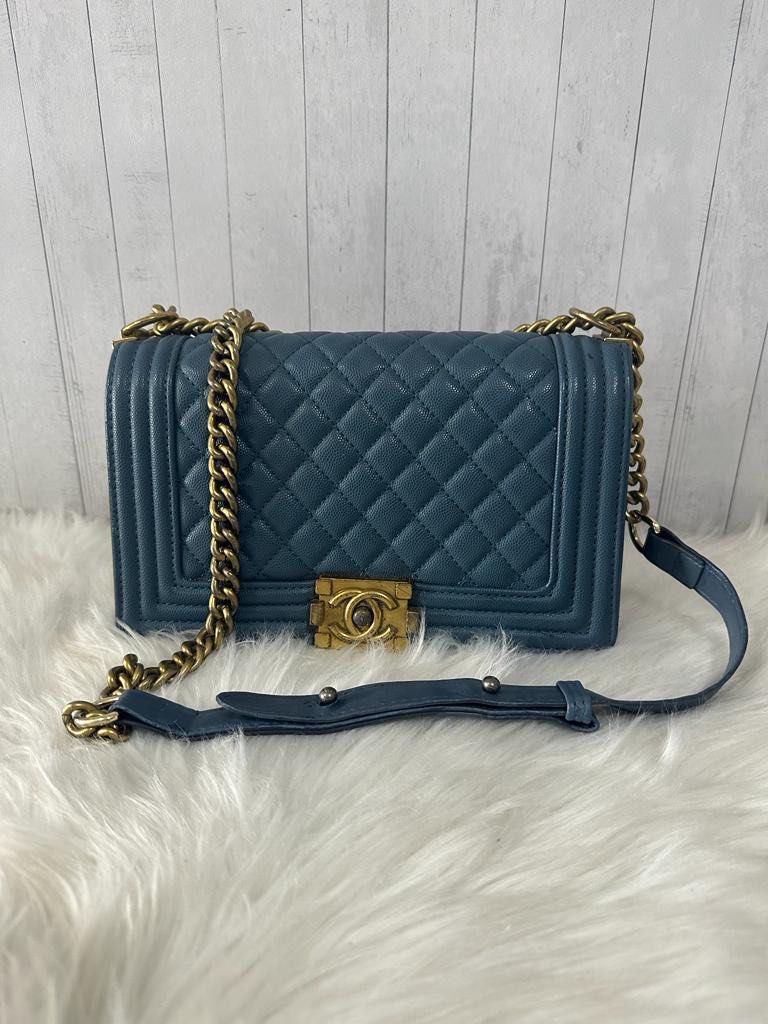 Chanel boy navy discount blue gold chain
