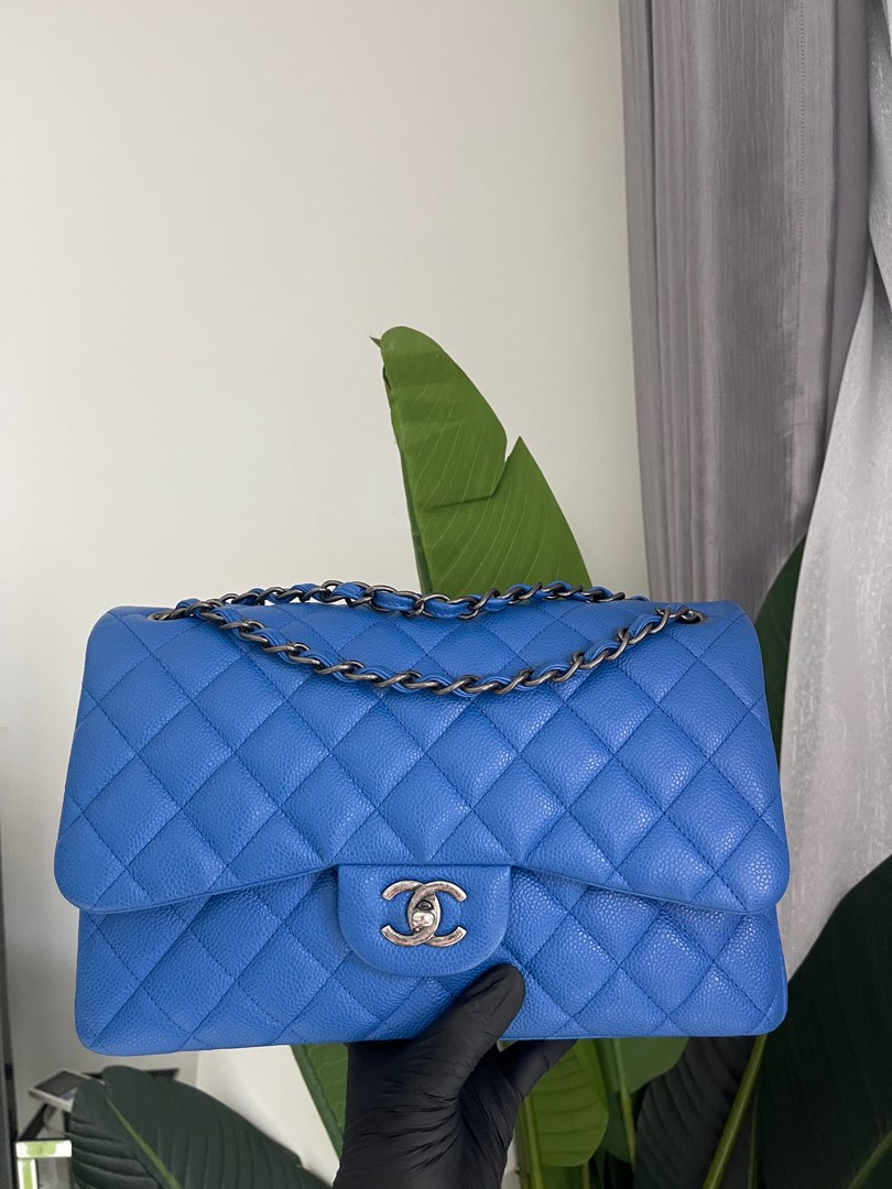 Chanel Large Classic Handbag Blue Caviar Ruthenium Finish Metal