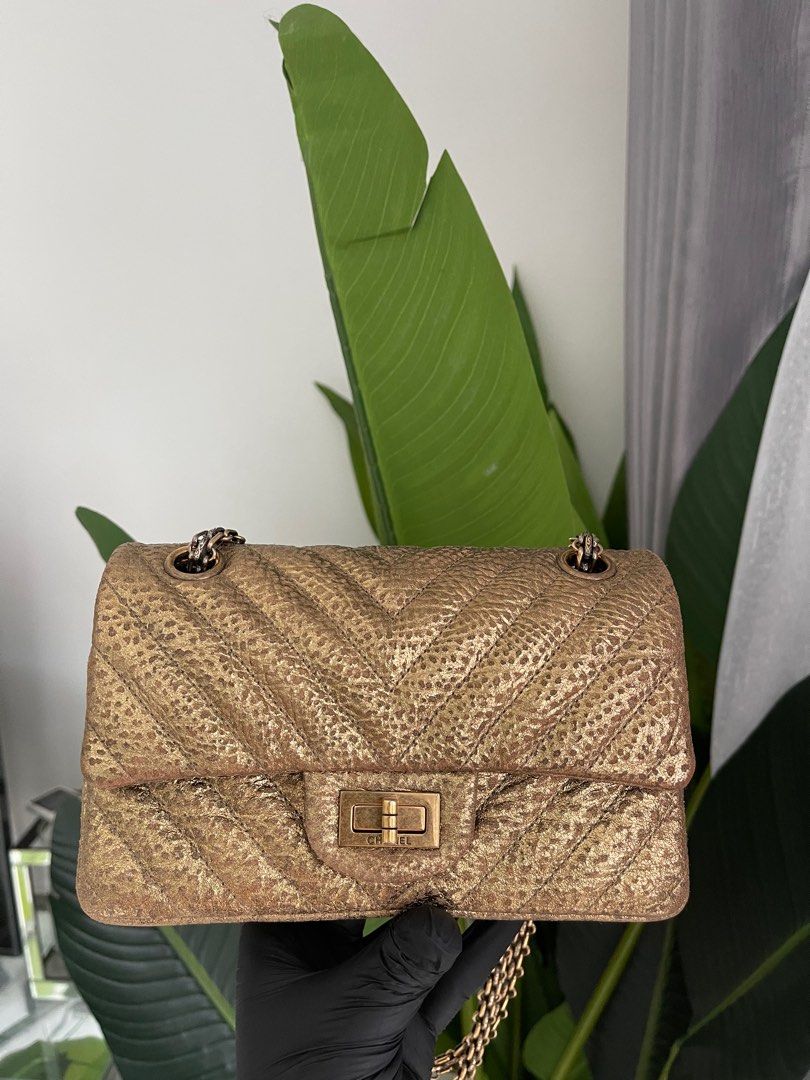 Chanel metalic Gold Crinkled Quilted Leather mini Reissue 2.55 Double flap  Bag, Luxury, Bags & Wallets on Carousell