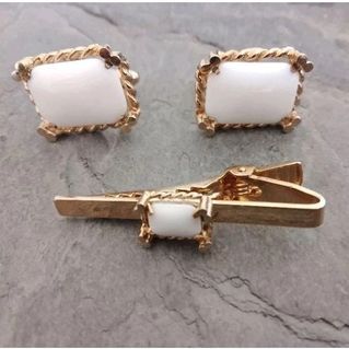 Classy Retro Vintage ANSON Brand White Men's Jewelry Cufflinks Tie Bar Set