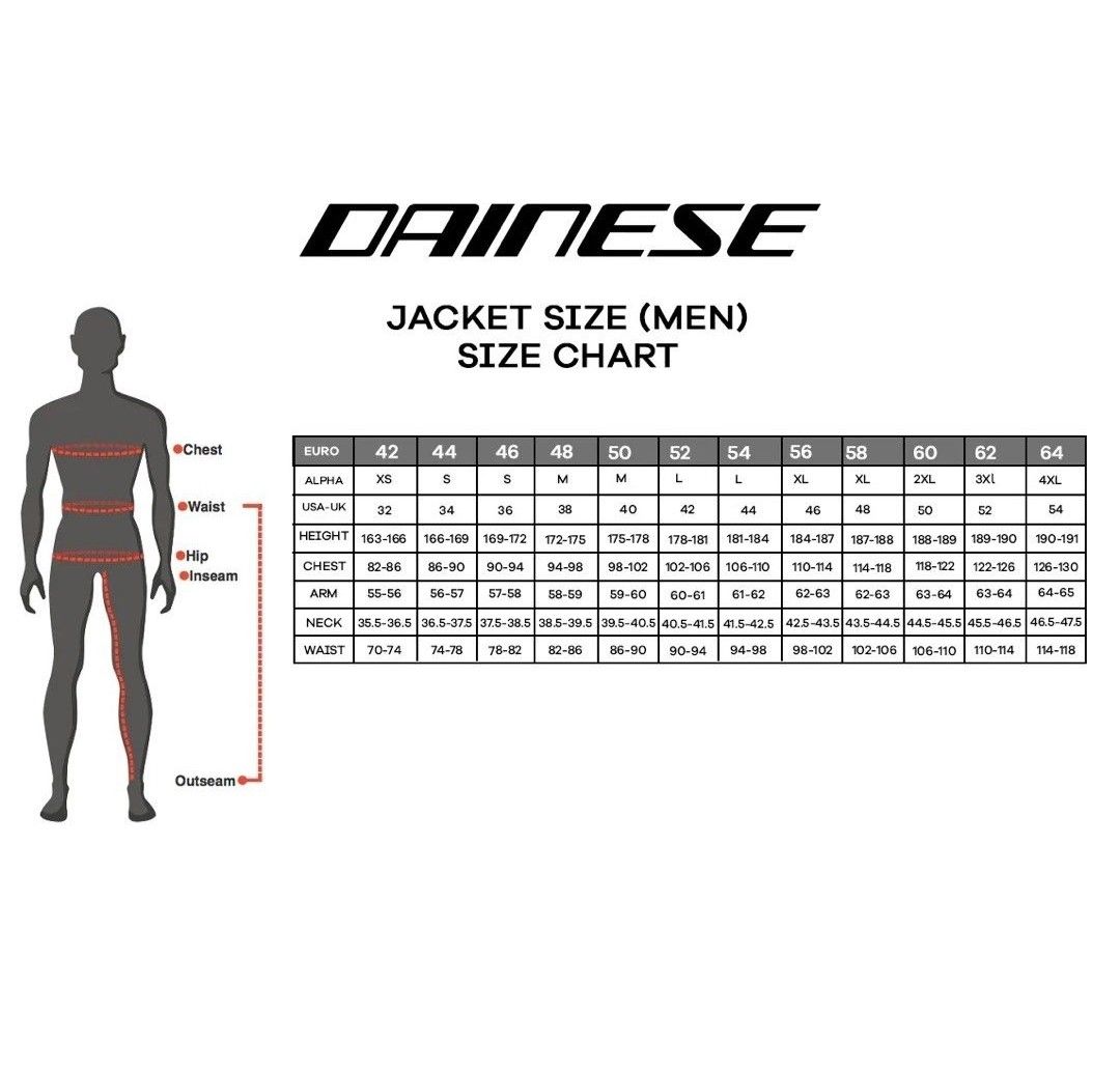 Dainese leather jacket size chart store