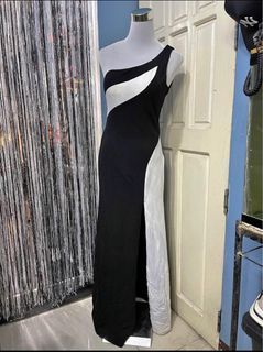 Elegant Black and White Asymmetrical Gown with Slit