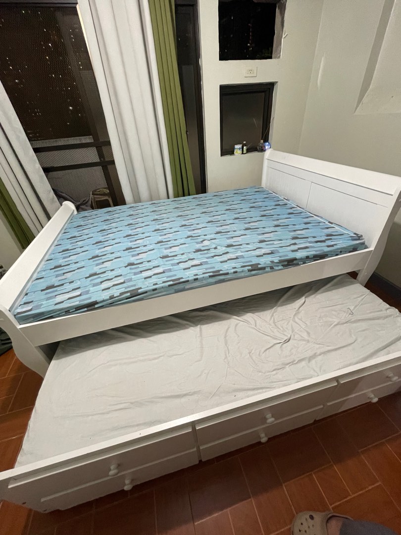 family size bed frame with single pullout bed with storage drawers