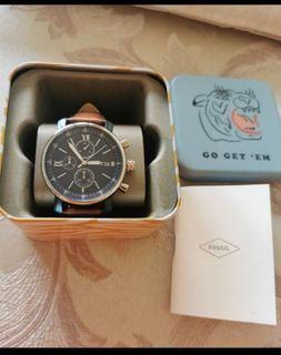 Fossil watch men's brown leather blue dial