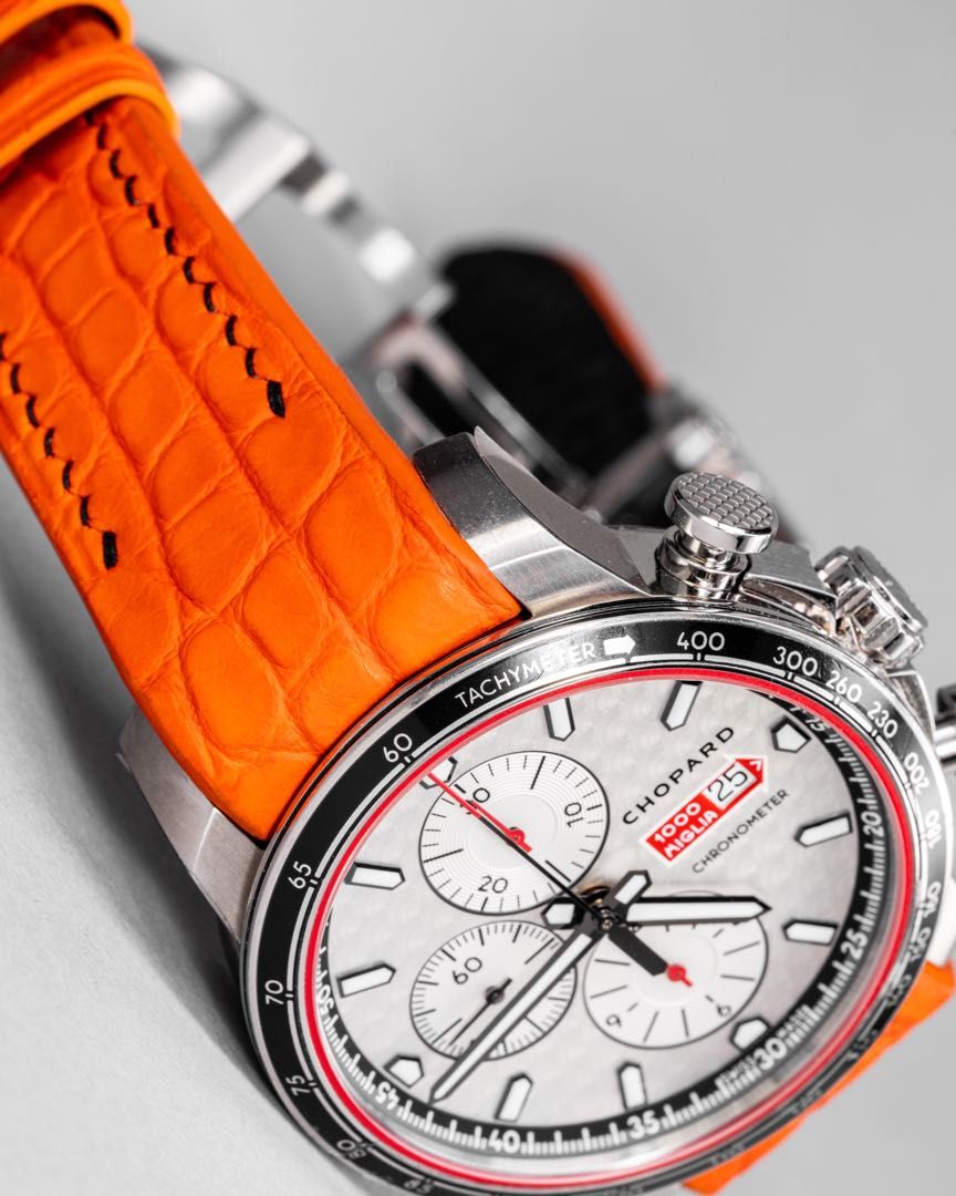 Handmade Handstitched Watch Strap In Volcanic Orange Alligator