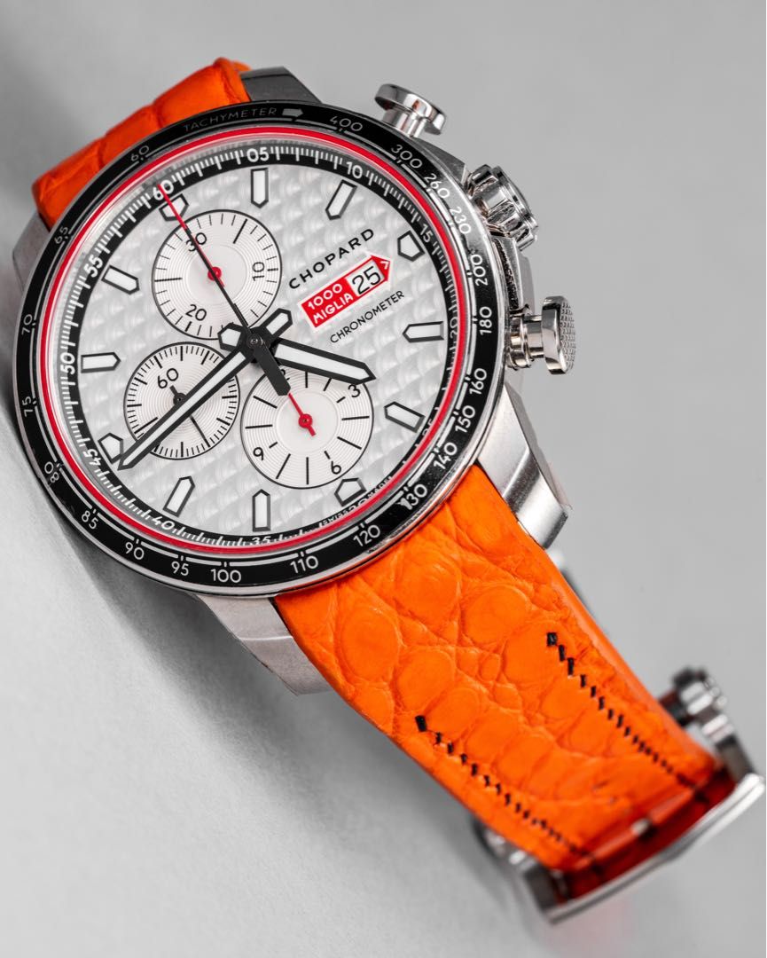 Handmade Handstitched Watch Strap In Volcanic Orange Alligator Leather For Client s Chopard Racing Mille Watch