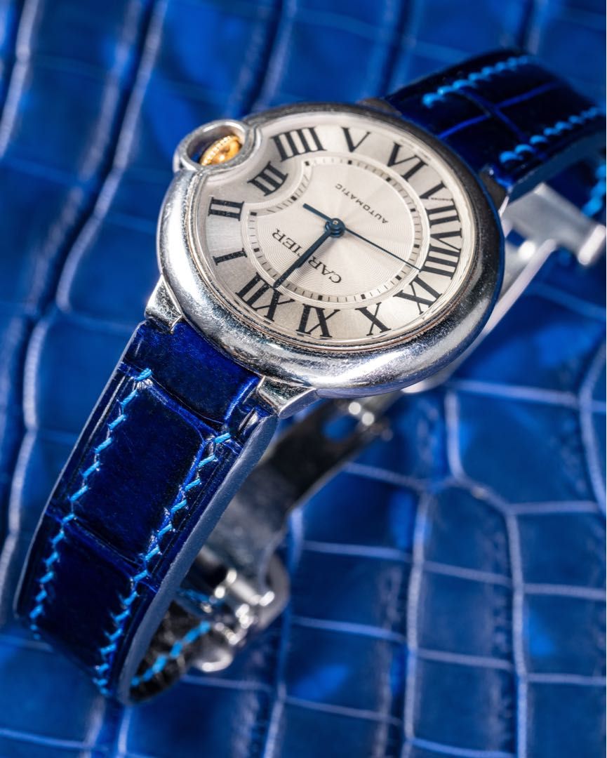 Handmade Handstitched Watch Strap In Peacock Blue Crocodile
