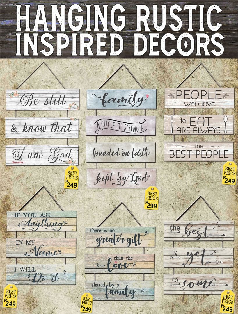 Hanging Rustic Inspired Decor (Category: Wall Decor) located in Pasig City. Submitted by masterkevinkarl (Listing ID 1256494106, Image 1). Description: Hanging Rustic Inspired Decor ✅Many design to choose from ✅Perfect gifts for any occasions ✅Instagramable ✅Durable ✨Made of top quality vinyl and thick wood board. ✨With abaca string twine ✅Can do meetups sa nearby! ✅Cashon delivery via lalamove, grab etc. ✅Nationwide orders via Lazada/Shopee..