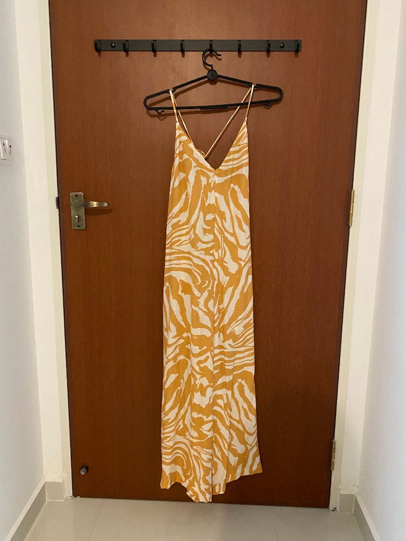 H M Orange Zebra Print Maxi Wide Leg Jumpsuit V neck with adjustable shoulder straps