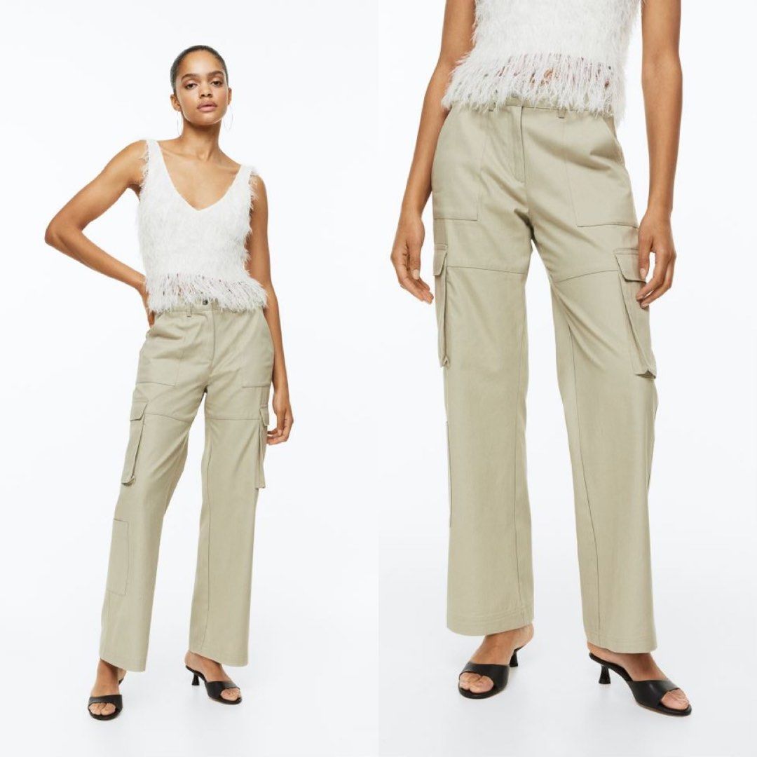 H&M Straight Cargo Pants (Green Beige), Women's Fashion, Bottoms