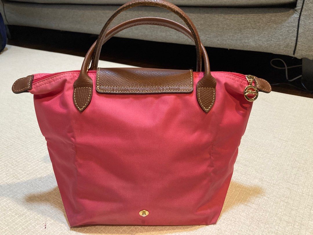 Used Longchamp Le Pliage Tote bag in Bright Pink, Brown Leather, Gold  Hardware