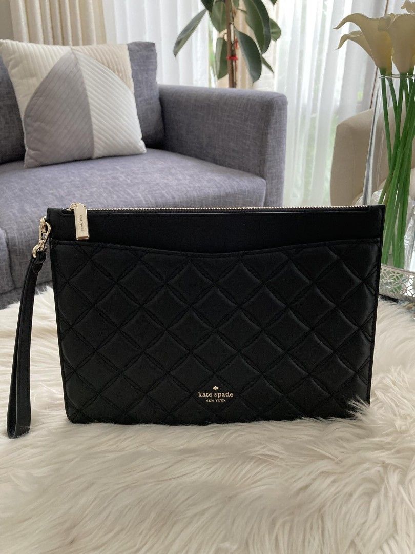 Kate Spade Large Zip Pouch Wristlet Smooth Quilted Leather Black Women s Fashion Bags Wallets Wallets Card holders on Carousell