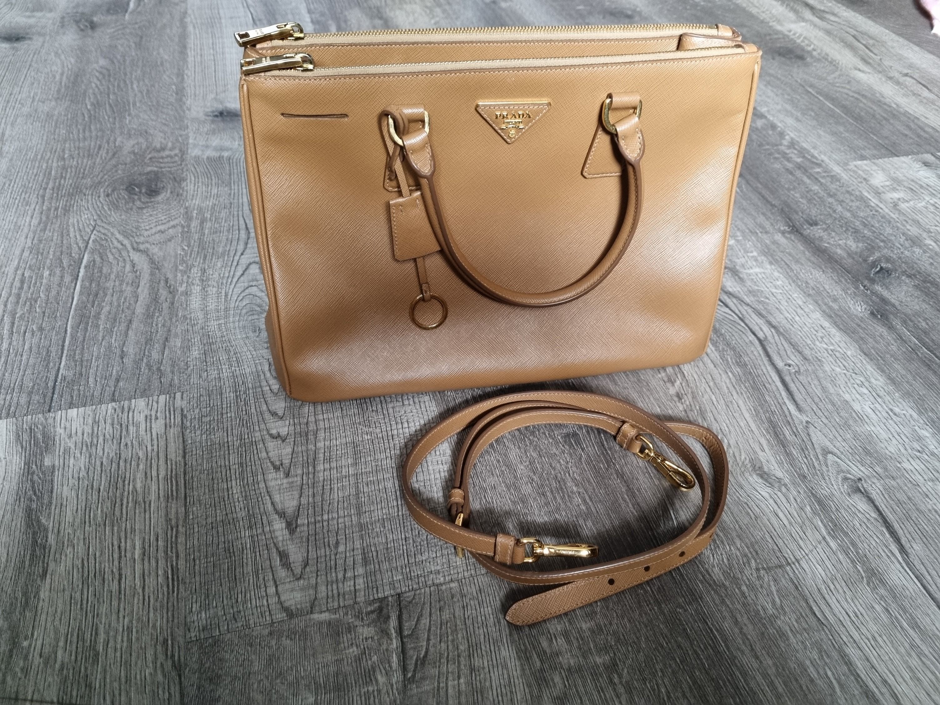 Prada Galleria Double Zip Tote Bag in Caramel Brown Saffiano Leather