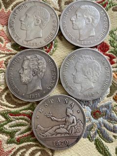 Lot of 5 pieces 5 Pesetas Spanish silver coins can be sold per piece or as a set or