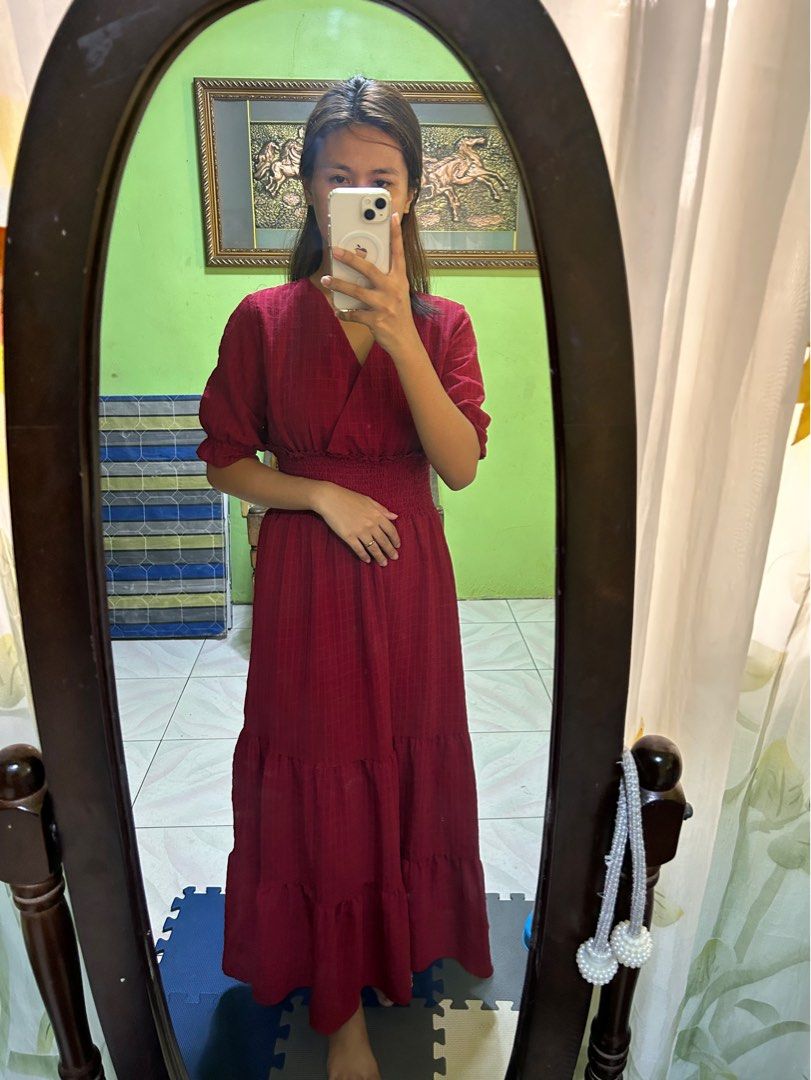 Maroon Off Shoulder Cotton Maxi Dress main image 1