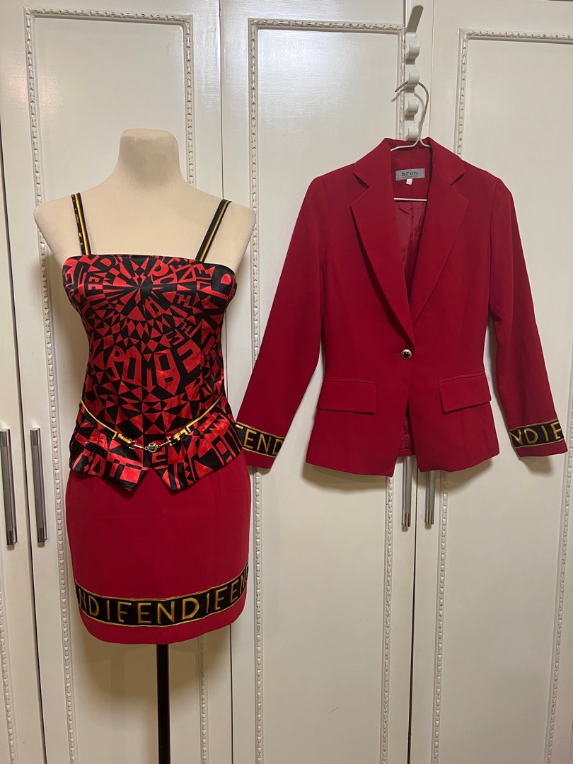 Red silk top with blazer and skirt Made in korea, Women's Fashion ...