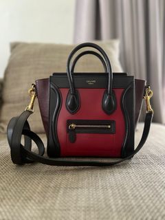 SALE! Authentic Celine Nano Luggage Smooth Calfskin Leather Tricolor Black Maroon Red with Gold hardware