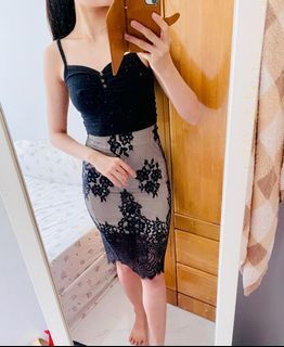 (Set) Zara Bodycon Elegant Black Lace Skirt + Topshop Black Button Ribbed Crop Top One Set for Dinner Function / Office