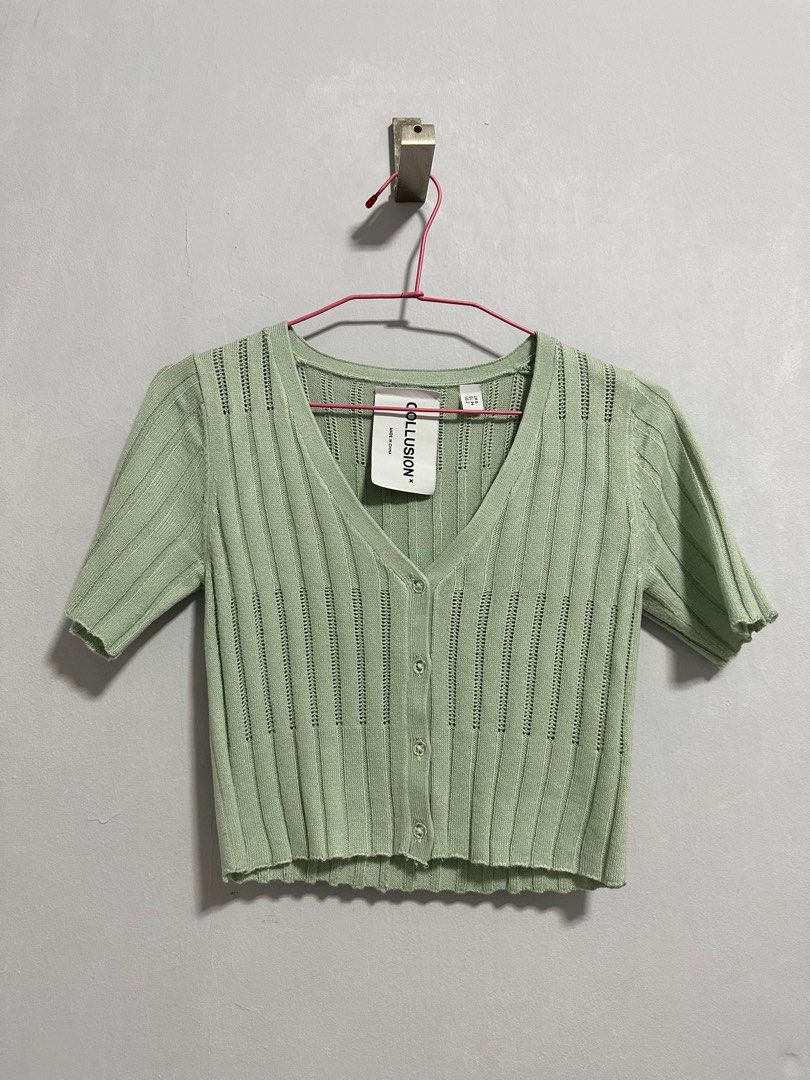 Short Sleeve Ribbed Cardigan in Sage Green, Women's Fashion, Tops