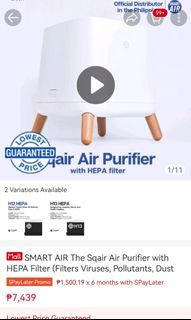Smartair Sqair air purifier with HEPA filter H12 HEPA