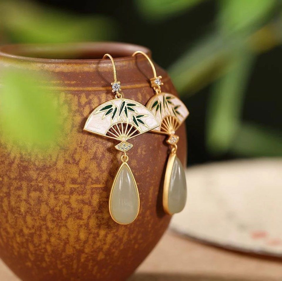 super fairy fan earrings gold imitation of hetian jade jade Chinese wind eardrop