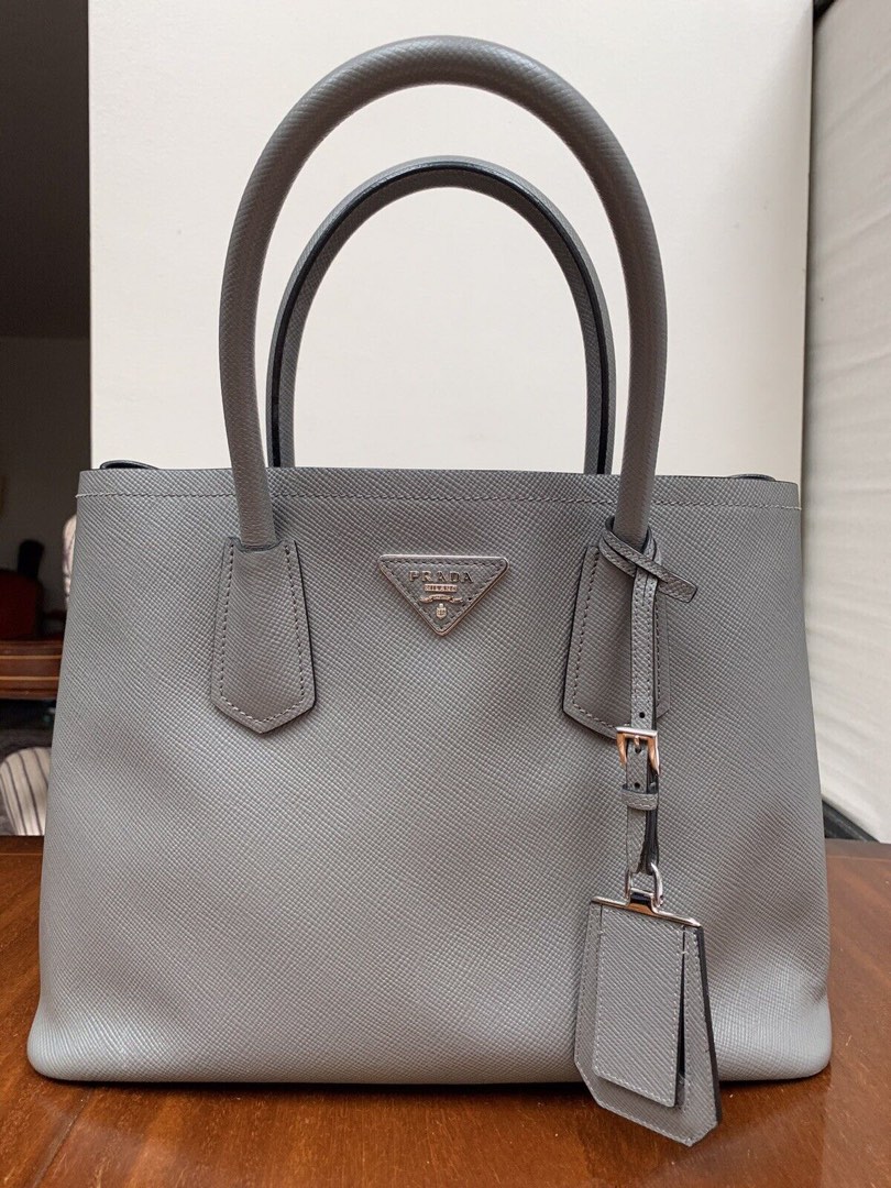 Prada Saffiano Cuir Medium Double Bag in Gray