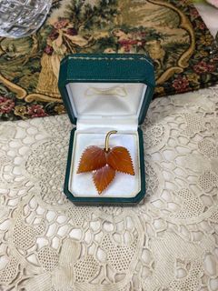 Rare signed Russian Amber leaf carved brooc.
