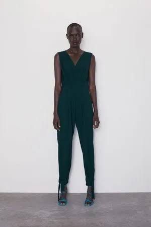 Zara Green V Neck Jumpsuit Fesyen Wanita Pakaian Wanita Jumpsuits di Carousell
