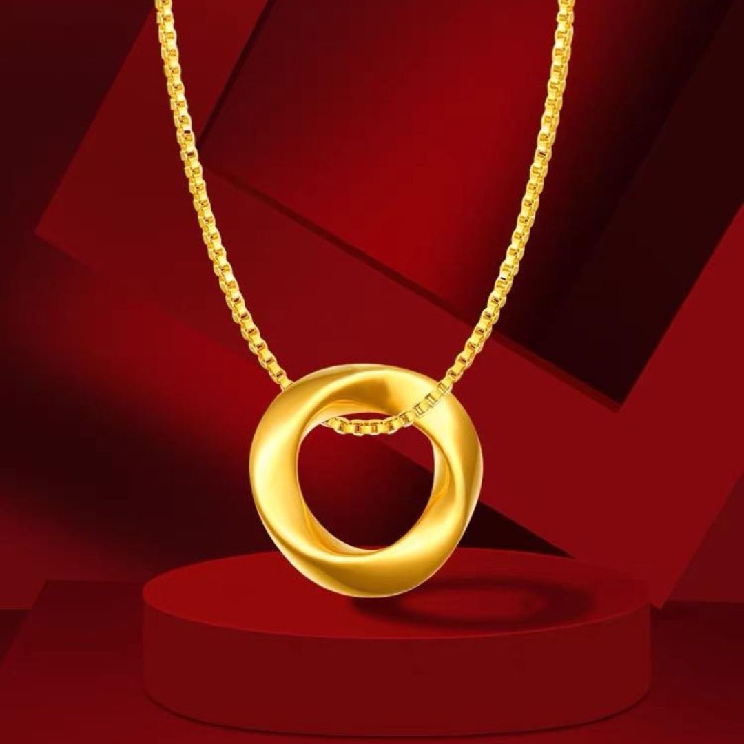 999 Pure Gold Mini Twist Circle Pendant with S925 Silver Chain