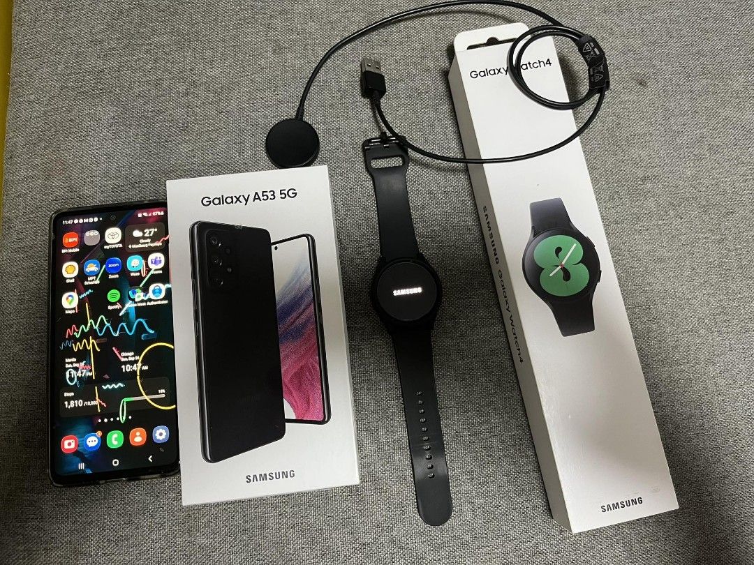 A53 5g 256 + galaxy watch 4 40mm (Category: Samsung) located in Angeles City. Submitted by alyuseuf68755 (Listing ID 1256797692, Image 2). Description: selling my samsung a53 5g 256 and galaxy watch 4 40 mm complete accessories and box rfs: new phone ios.