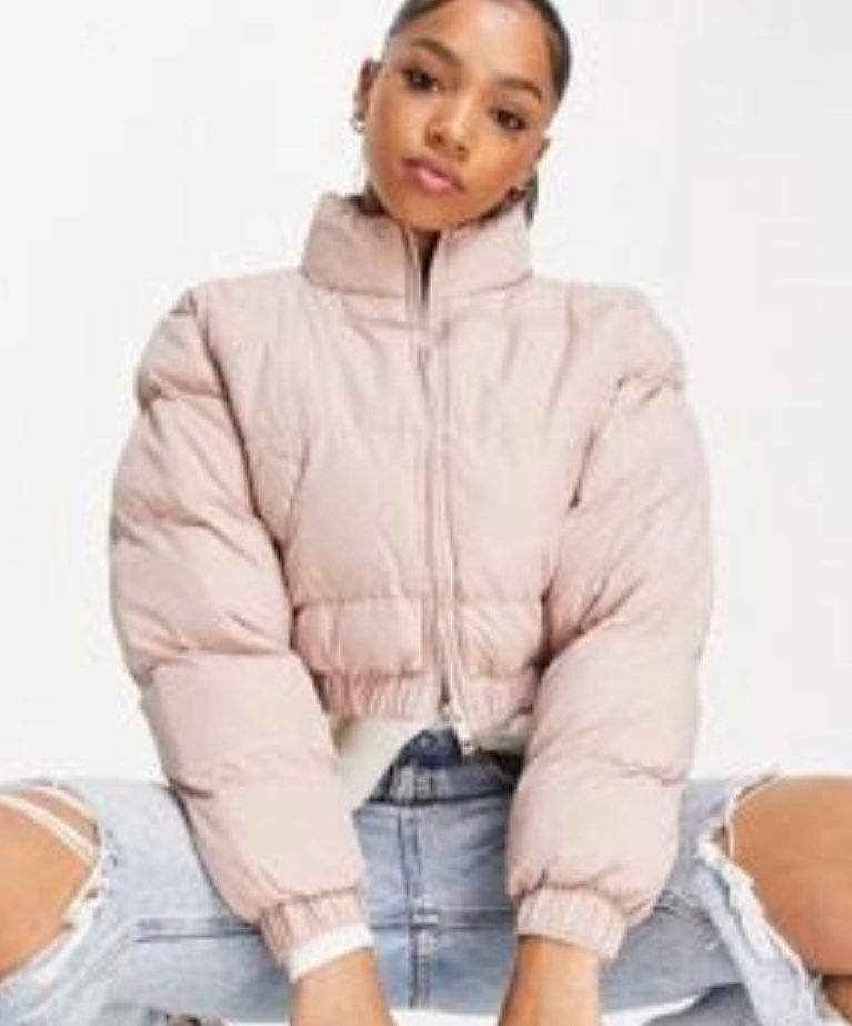 Pink cropped puffer coat online