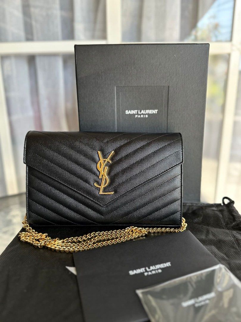 Authentic YSL Monogram Small Wallet on Chain Grained Leather, Black, Gold  Hardware, Luxury, Bags & Wallets on Carousell