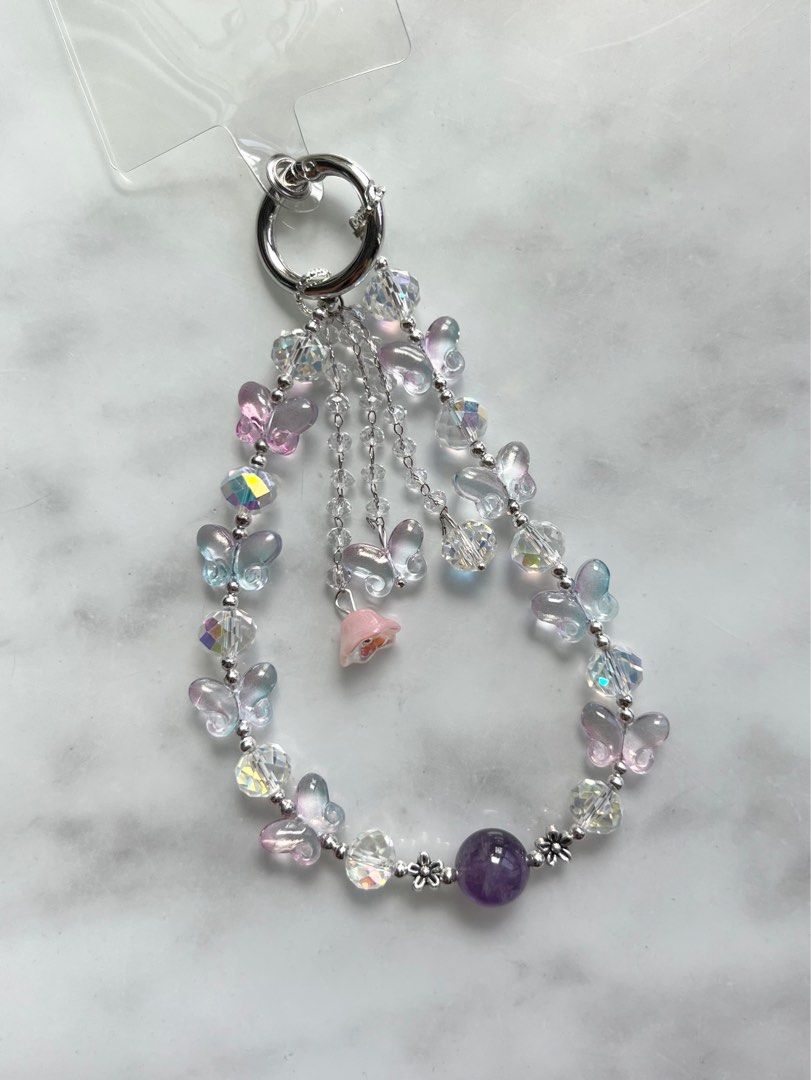 Bag Charm Key Ring Flower of Life With Amethyst Beads and 